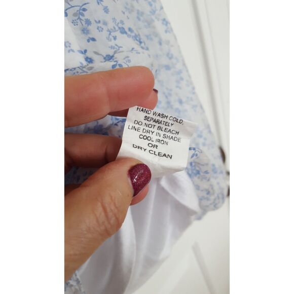 MARINA GIGLI Cream Blue Floral Print Silk Lace Short Sleeve Top Size Large - Picture 7 of 8